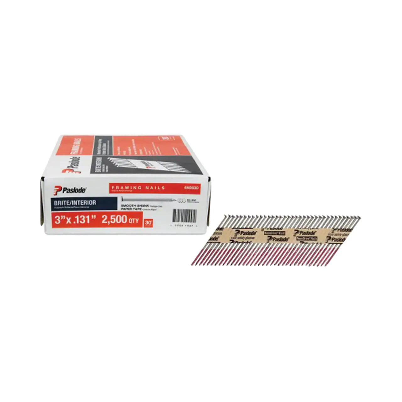 A box of Go Build 3 in. x 0.131 Ga 30-degree brite smooth shank paper tape framing nails (2,500/Pack) sits beside a strip of paper collated nails; the packaging features a white design with red and black accents.